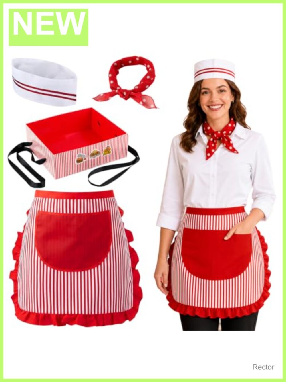 5Pcs 1950s Waitress Costume Kit Retro Adult Diner Soda Jerk Party Set